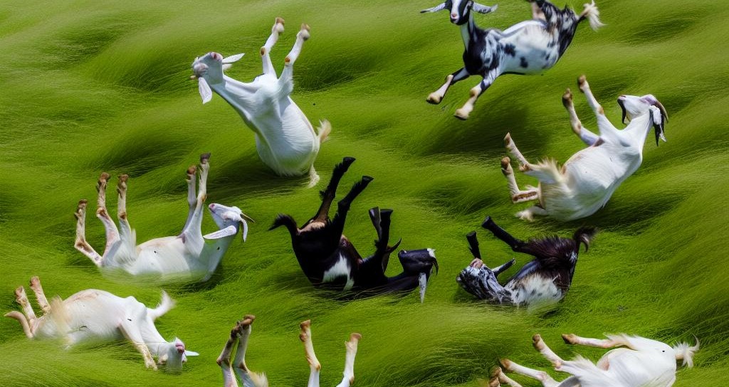 A group of fainting goats frolicking in a grassy field, their bodies frozen in mid-fall as they collapse in a comical manner-